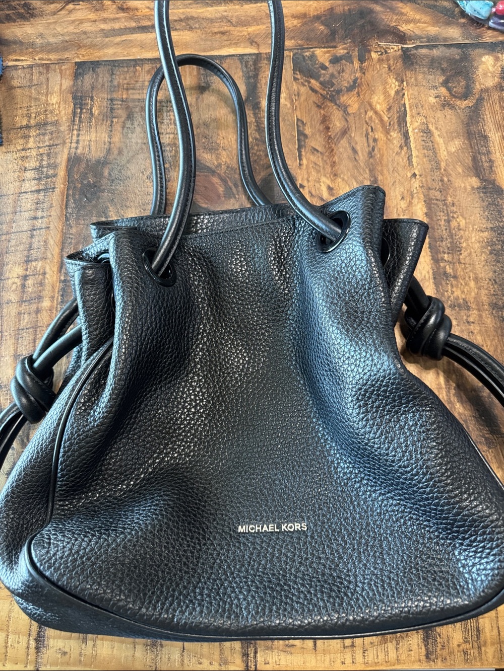 Michael Kors Black Pebbled Leather Drawstring Shoulder Bag